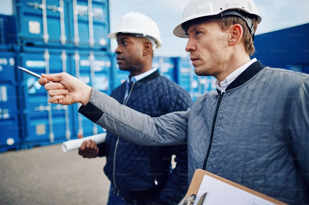 Industrial partners in hardhats reviewing shipping containers