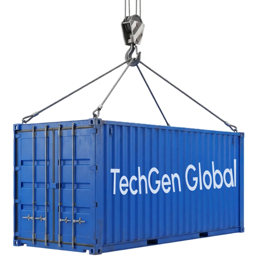 Crane lifting a TechGen Global shipping container