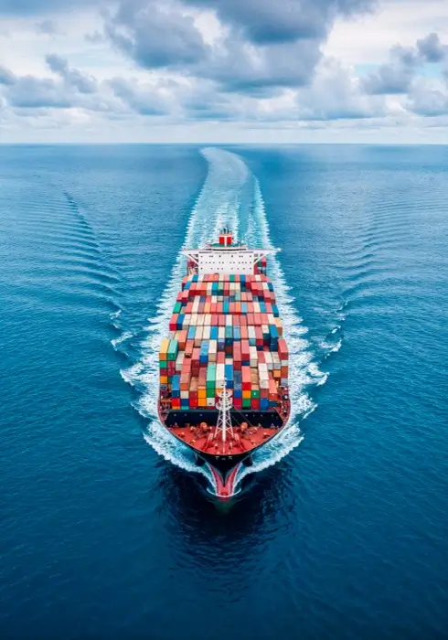 Aerial view of cargo ship transporting industrial equipment
